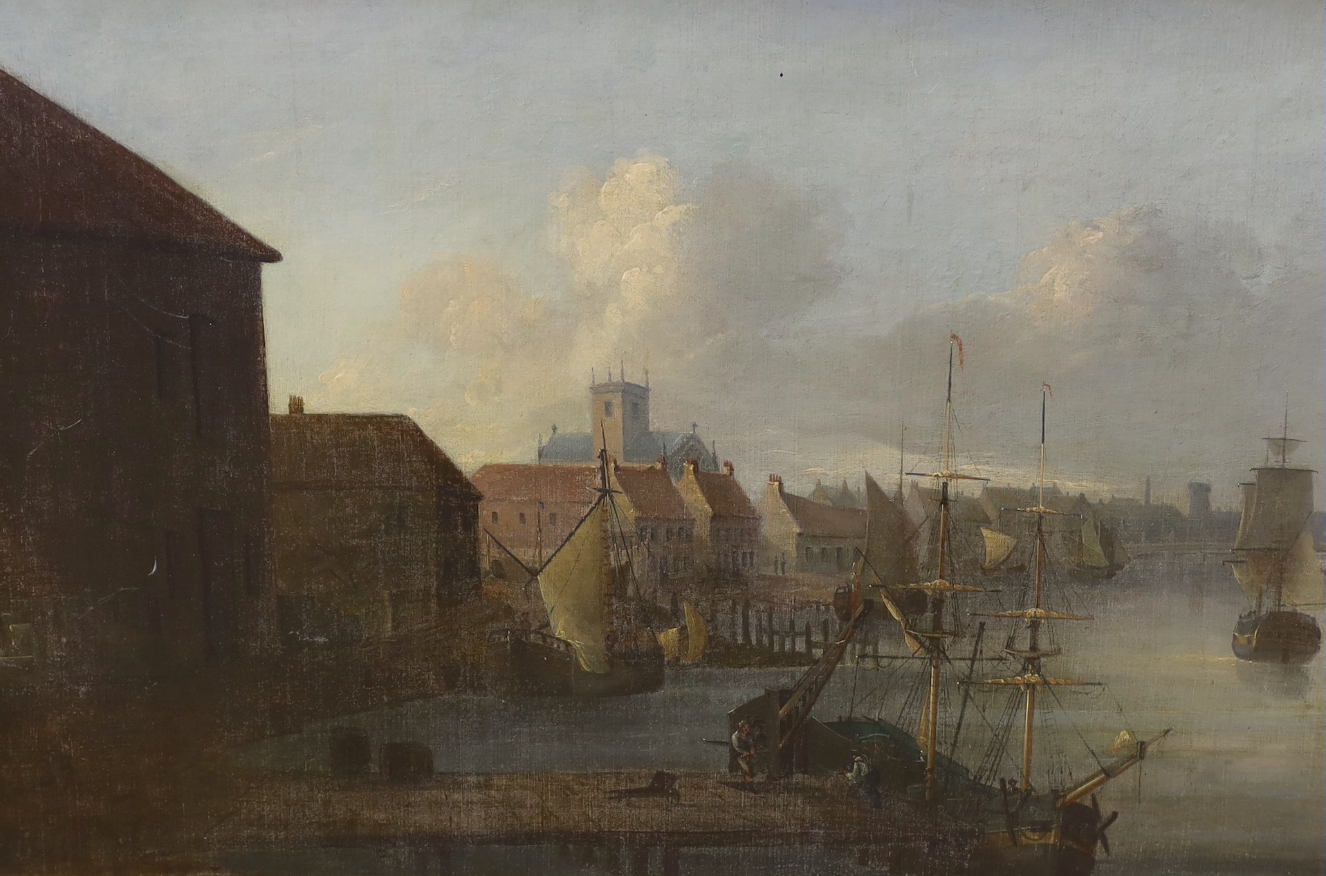 Attributed to James Ward (1769-1859), oil on canvas, 'The harbour at Hull', inscribed verso, 44 x 65cm